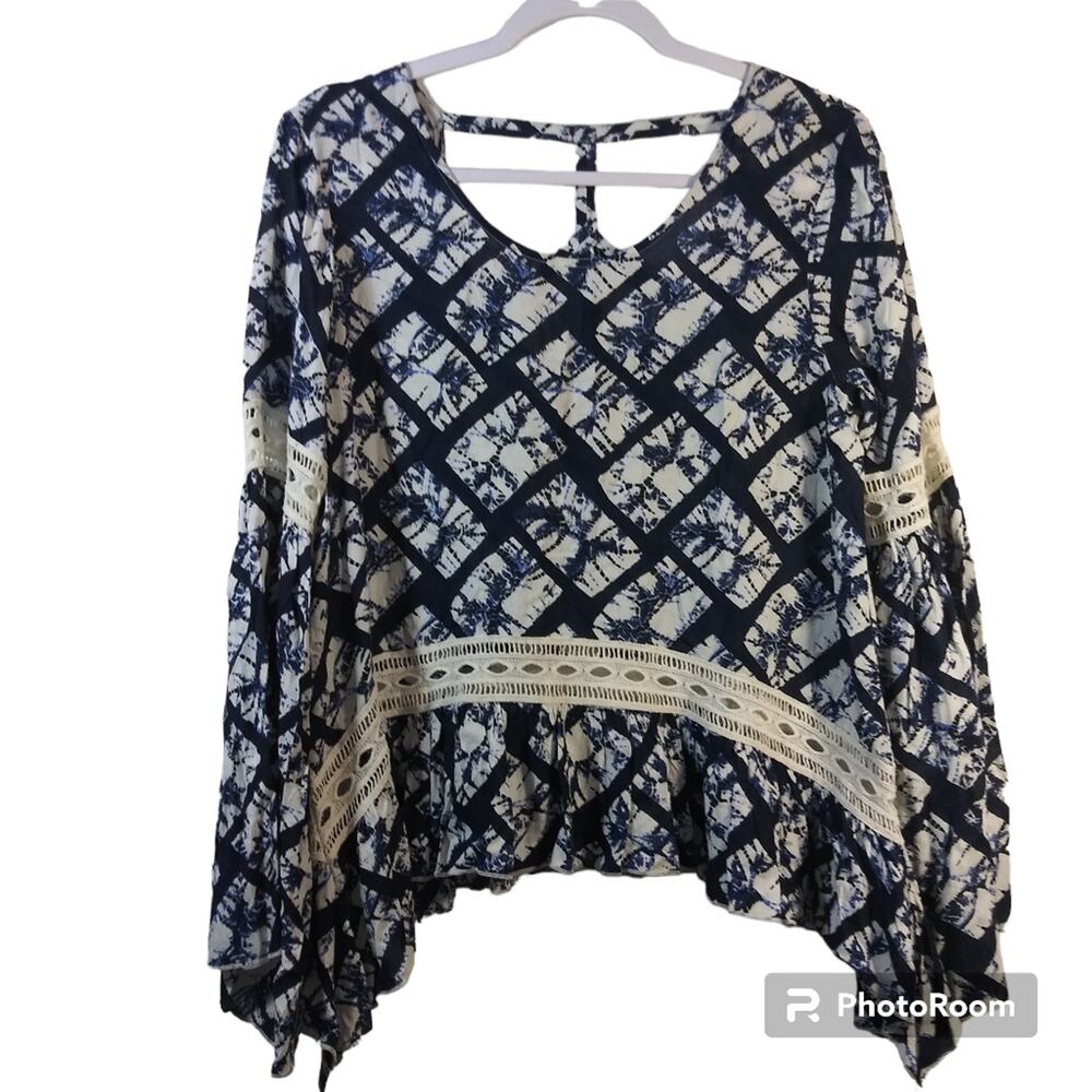 Philosophy Blue White Tie Dye Embroidered Boho Top Size Small